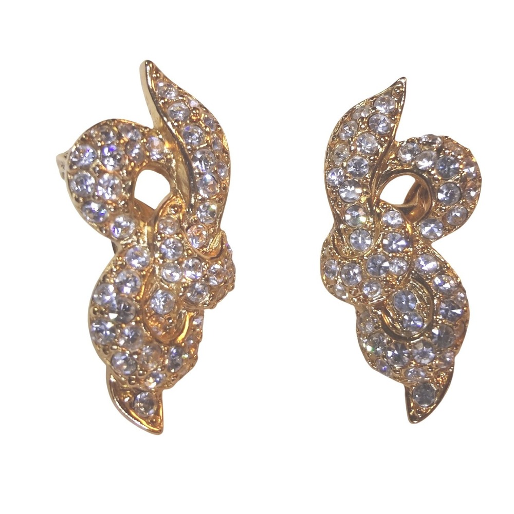 Monet Vintage Clip On Earrings Gold Tone Excellent Rhinestone Pave Swirl